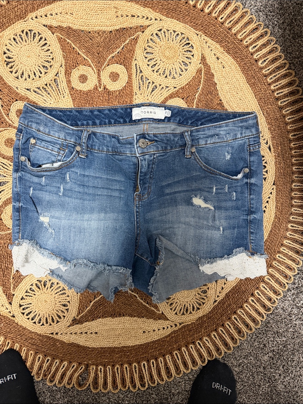 torrid Light Blue Distressed Denim Shorts with Lace Hem
